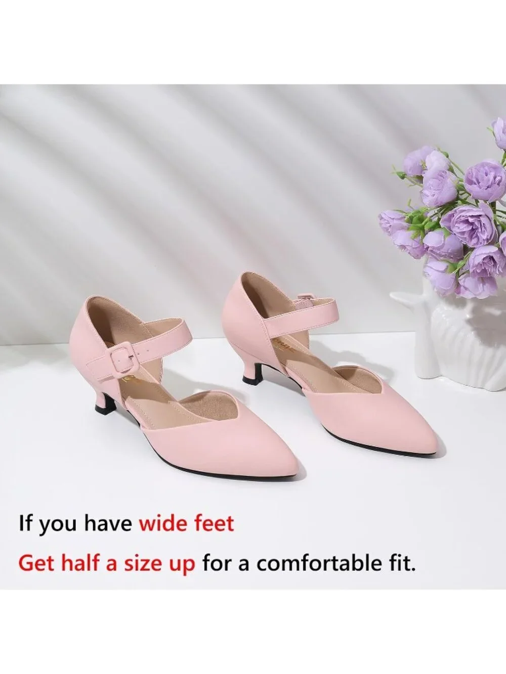 Women's Pink Kitten Heel Pointed Closed Ankle Strap Buckle Slip On Shoes